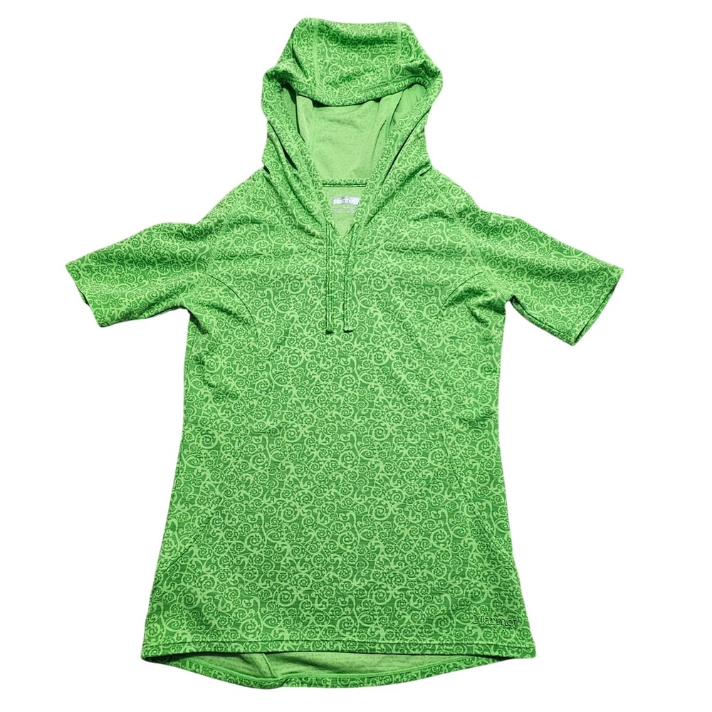 Marmot Womens Green Swirl Print Short Sleeve Hoodie‎ Performance Top Size M